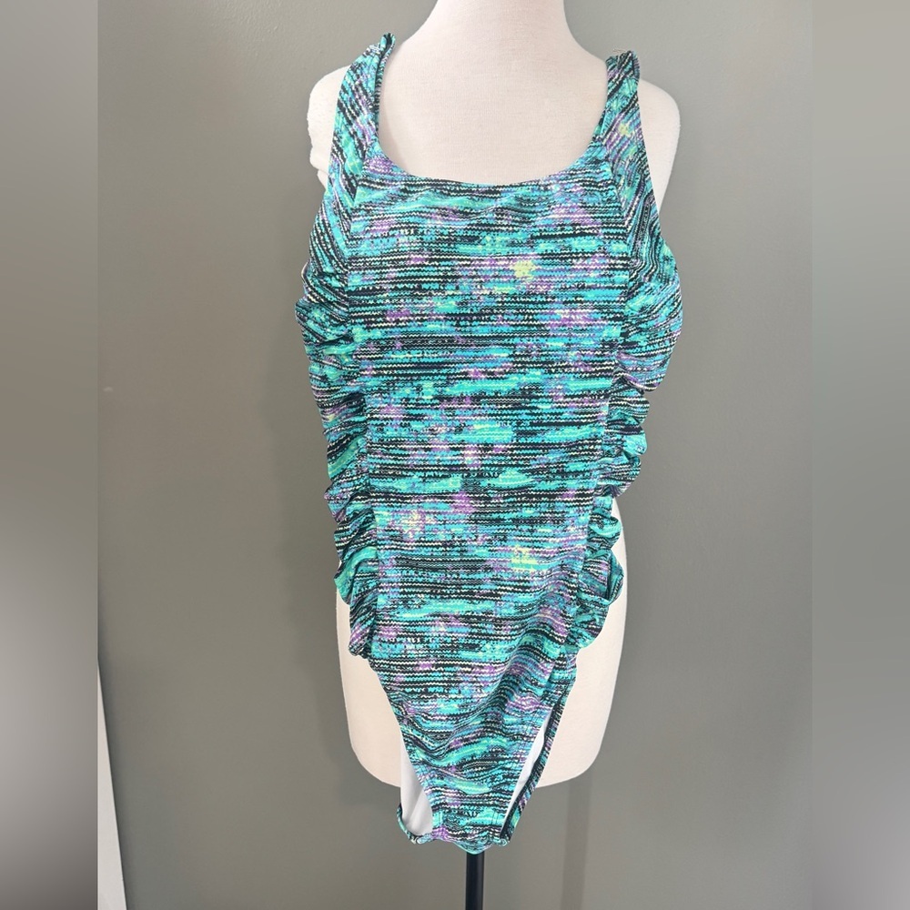 Speedo Teal, Purple and Black Abstract One-Piece